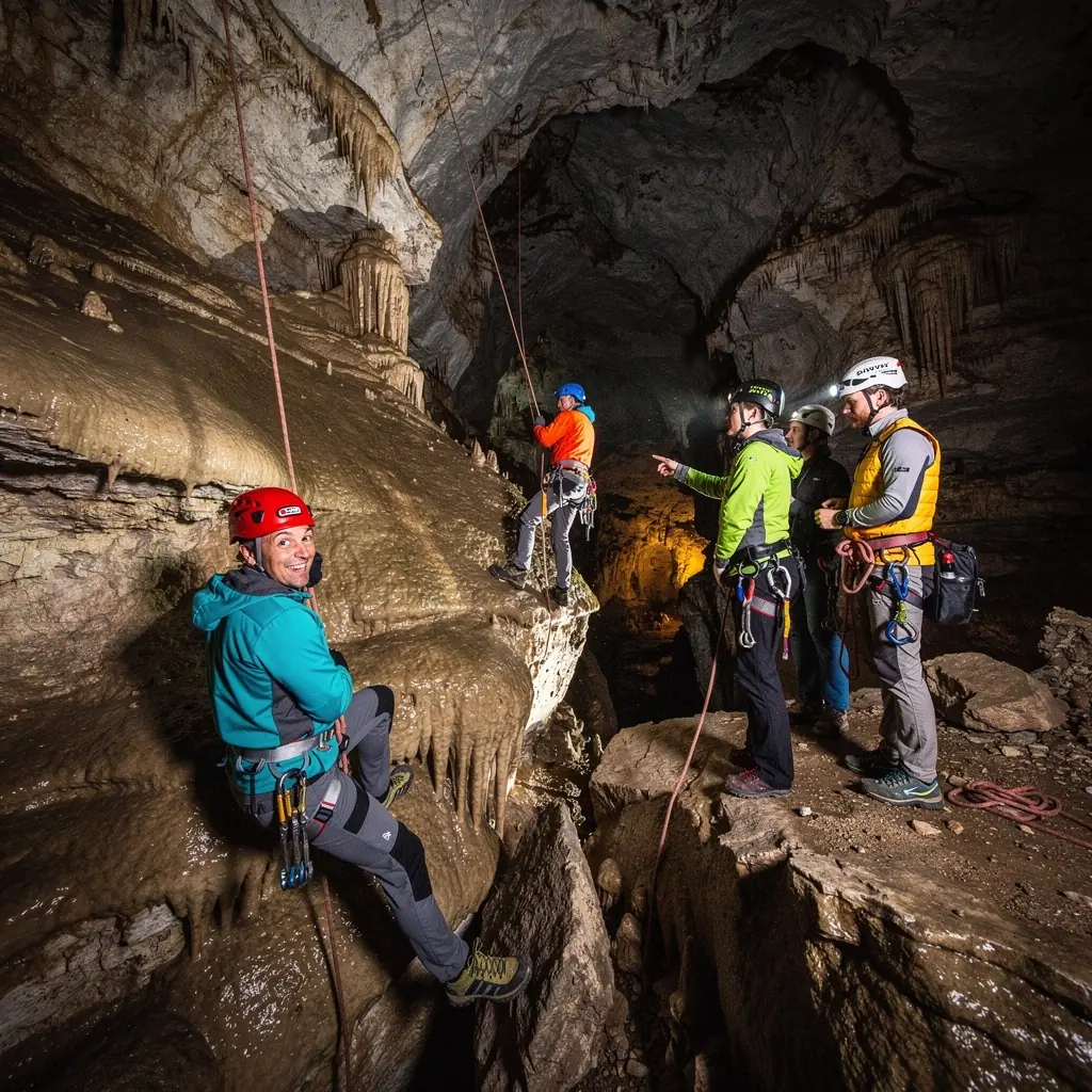 A breathtaking view of the shimmering stalactites hanging from the ceiling of Domica Cave, showcasing nature's artistry in underground formations.