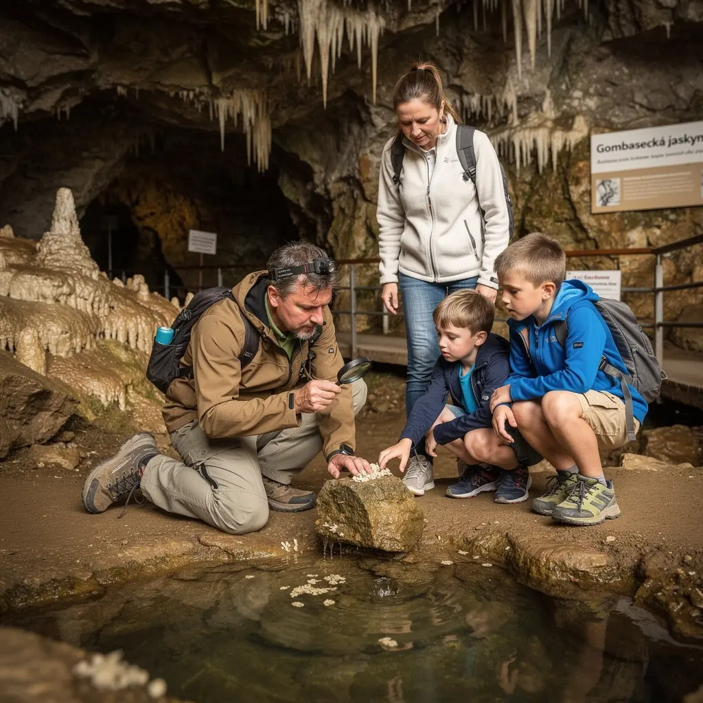 An adventurous explorer navigating the winding pathways of Gombasecká Cave, surrounded by impressive rock formations and natural wonders.